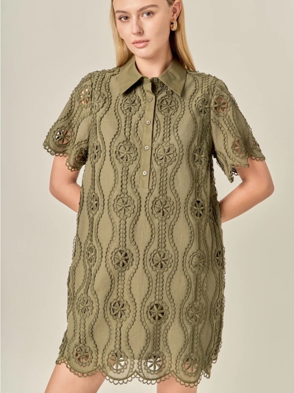 English Factory Cotton Scalloped Olive Green Lace Shirt Dress